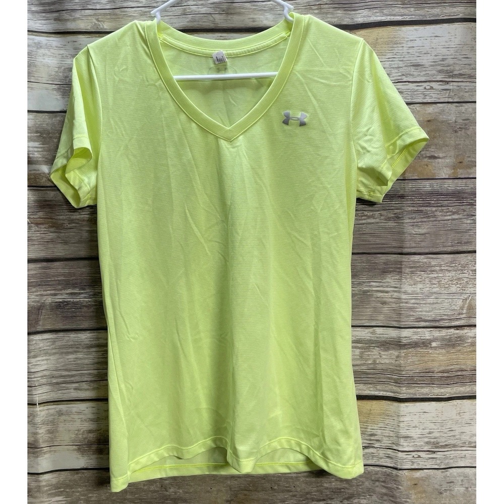 Under Armour Women's Medium Neon Yellow Heat Gear Semi Fitted V-Neck T-Shirt